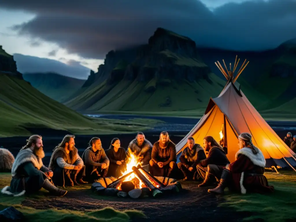 Recreación épica de una saga vikinga en un paisaje islandés, con guerreros escuchando la historia de Gísli Súrsson junto al fuego