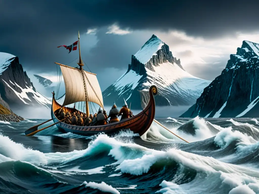 Épica travesía vikinga en aguas heladas y tormentosas Una épica travesía vikinga en aguas heladas, con guerreros en un barco enfrentando peligros