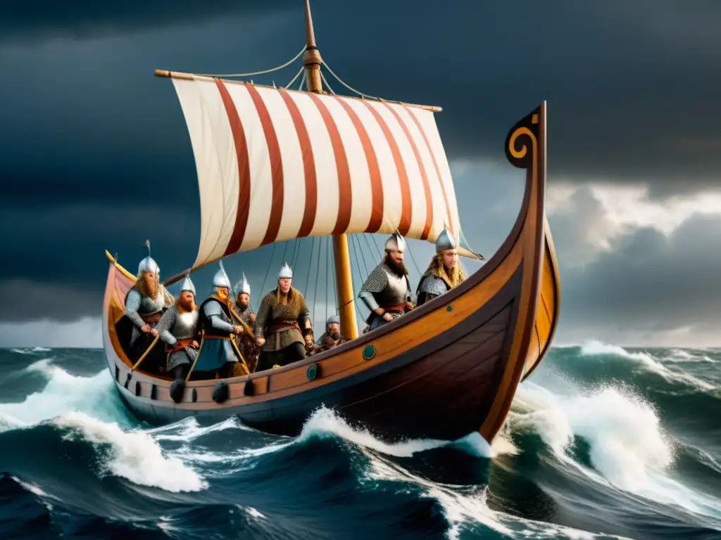 Una épica travesía vikinga en alta mar, con tripulación diversa y atuendos históricos, listos para la batalla