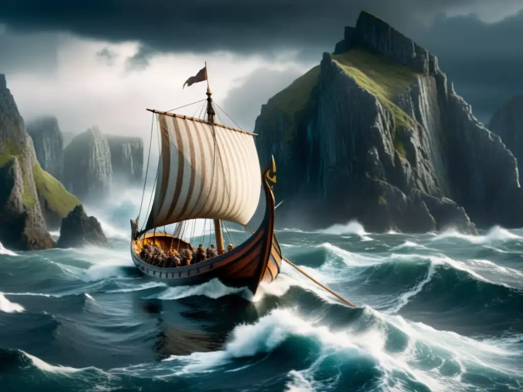 Épica travesía vikinga en alta mar: tormenta y determinación Una épica travesía vikinga en alta mar, con la tripulación remando con determinación