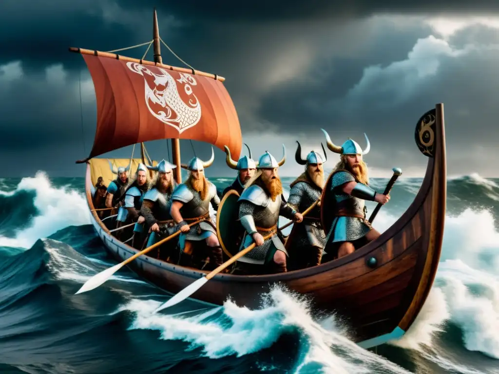 Una épica travesía vikinga en un drakkar, con guerreros, tormenta y mar embravecido