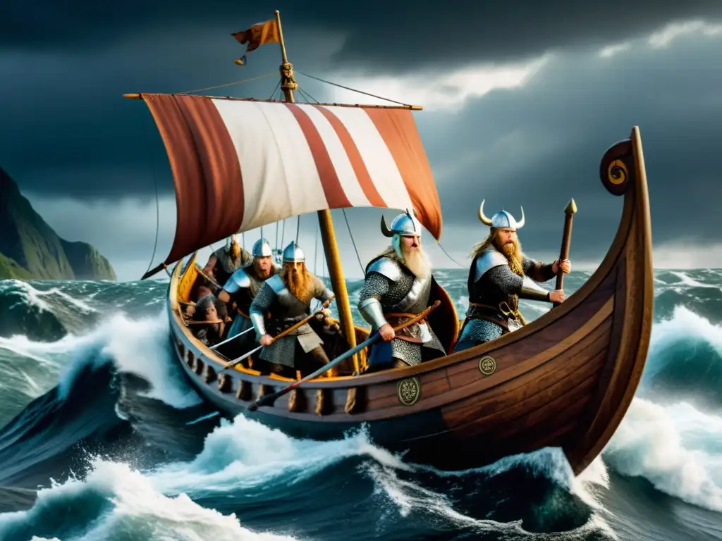 Epica travesía vikinga en un fiordo tormentoso con detalles ultrarrealistas