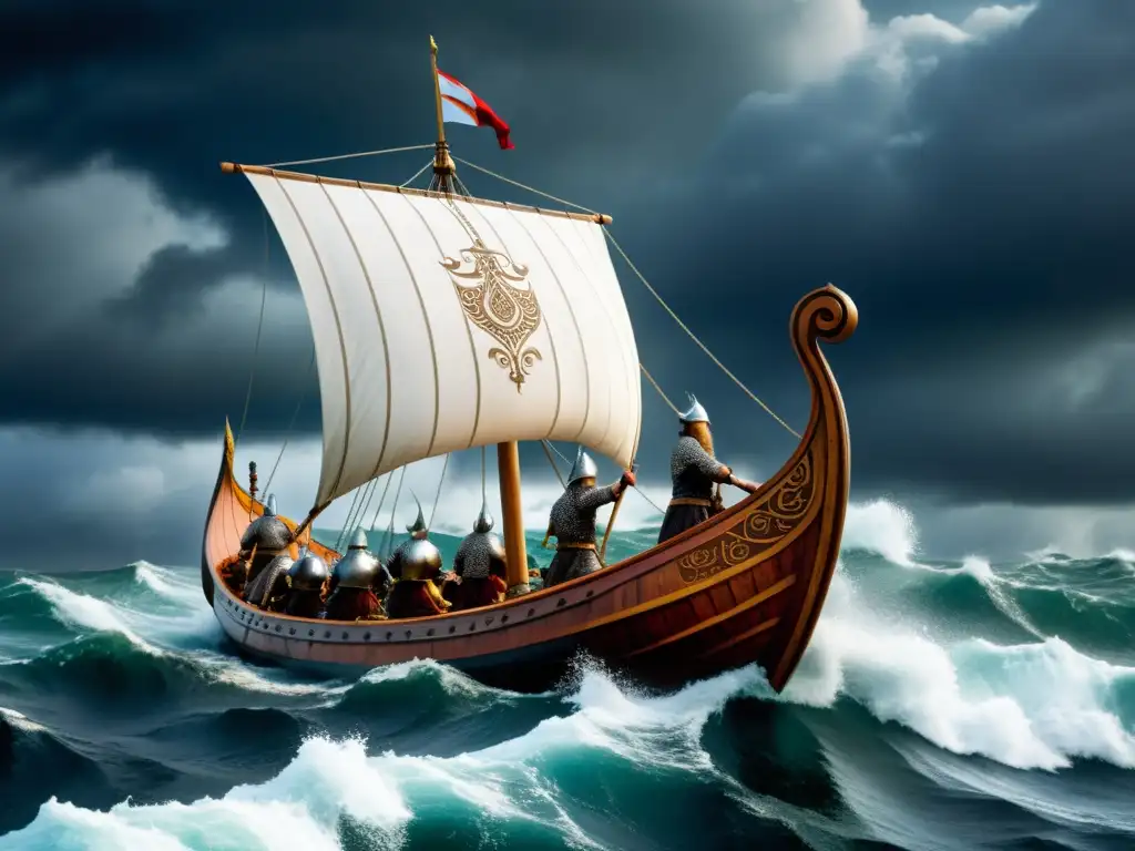 Épica travesía de un drakkar vikingo entre aguas turbulentas, reflejando la importancia cultural del Edda vikingo