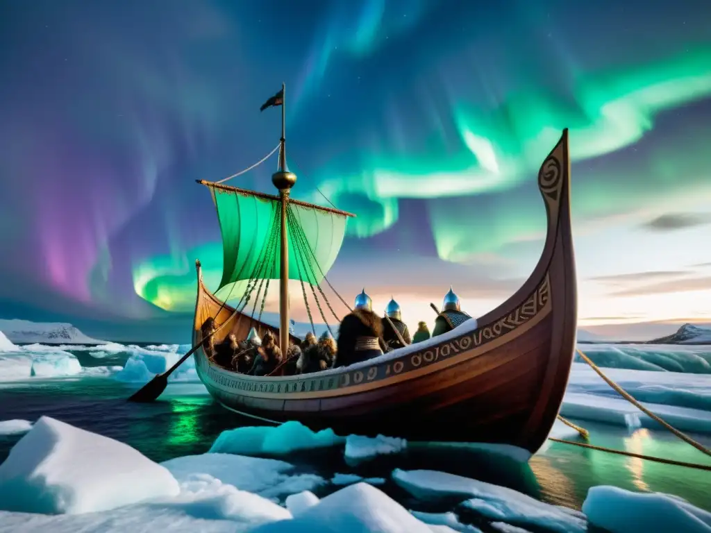 Épica travesía de un drakkar vikingo en aguas heladas, tripulado por guerreros fieros