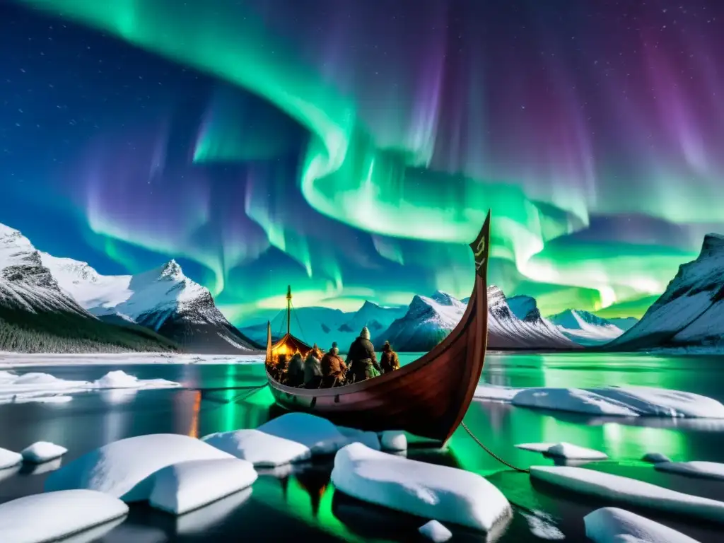 Épica travesía de un drakkar vikingo bajo la aurora boreal, con guerreros iluminados por la luz