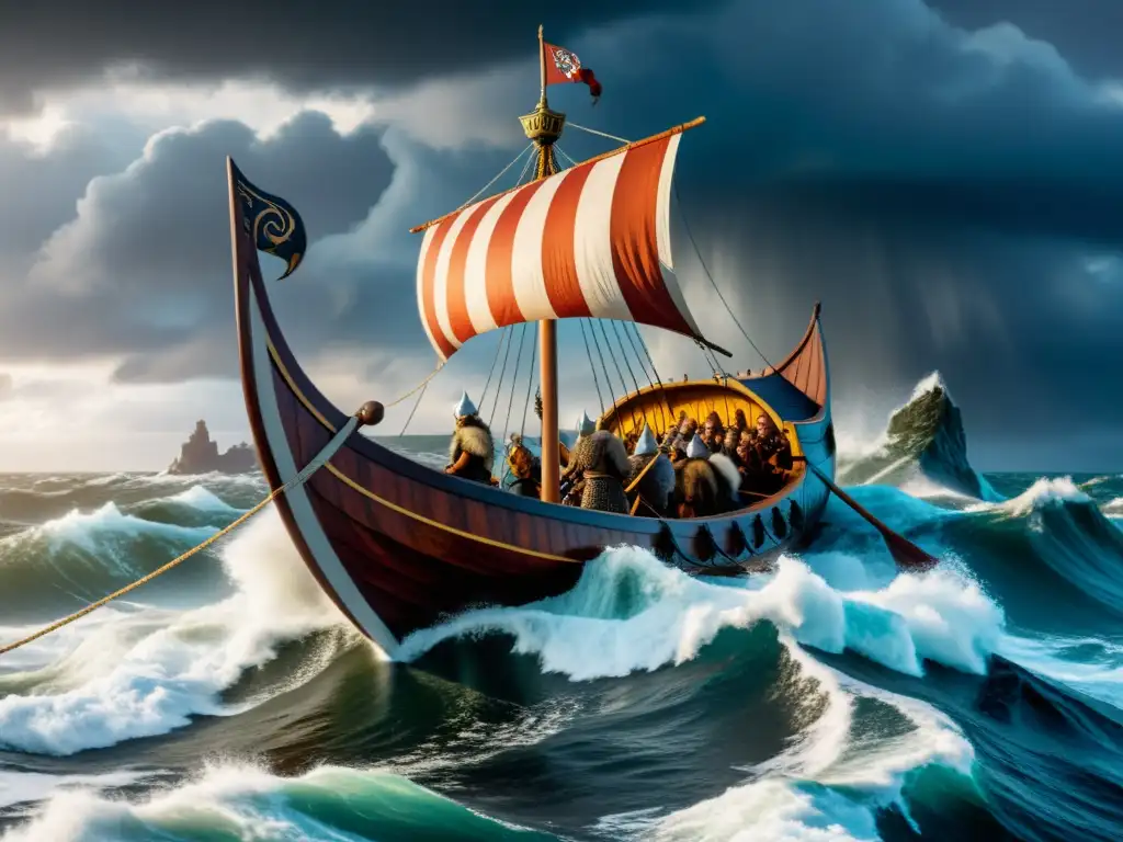 Épica travesía de un drakkar vikingo hacia América del Norte, bajo un cielo tormentoso