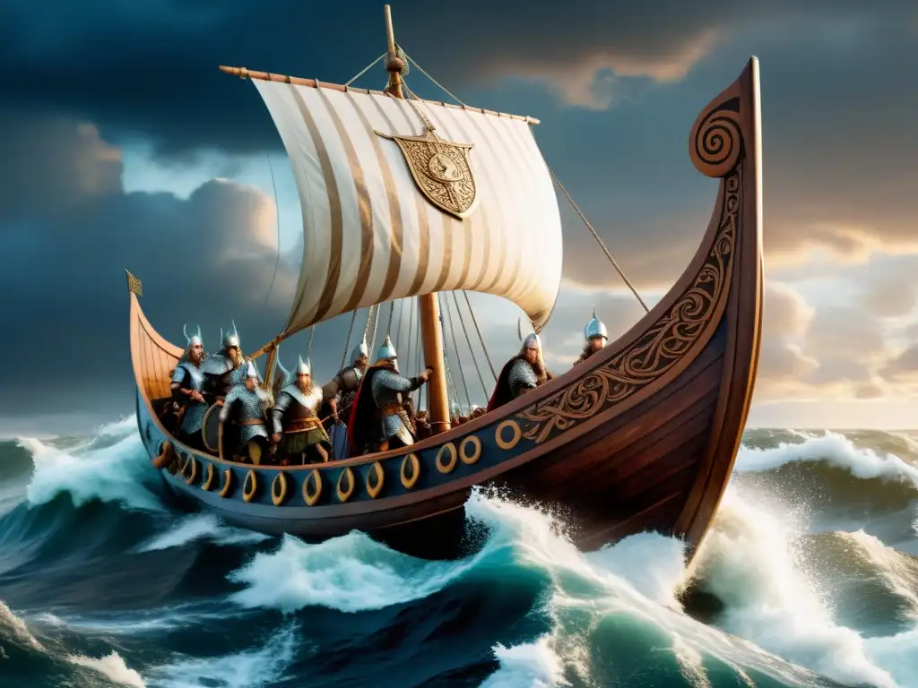 Una épica expedición vikinga en un drakkar detallado surcando mares agitados