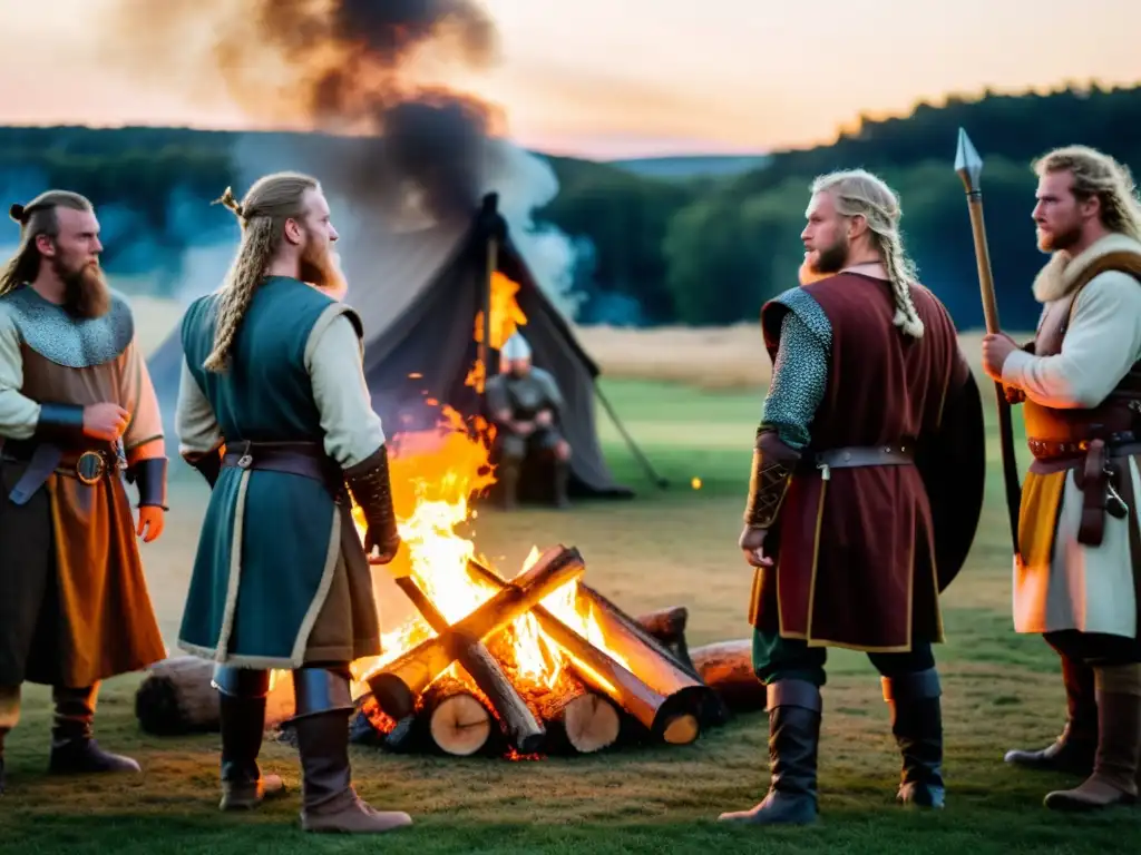 Épica Vikinga en Festivales narradores: Guerreros vikingos se preparan junto a una hoguera al atardecer, listos para la batalla