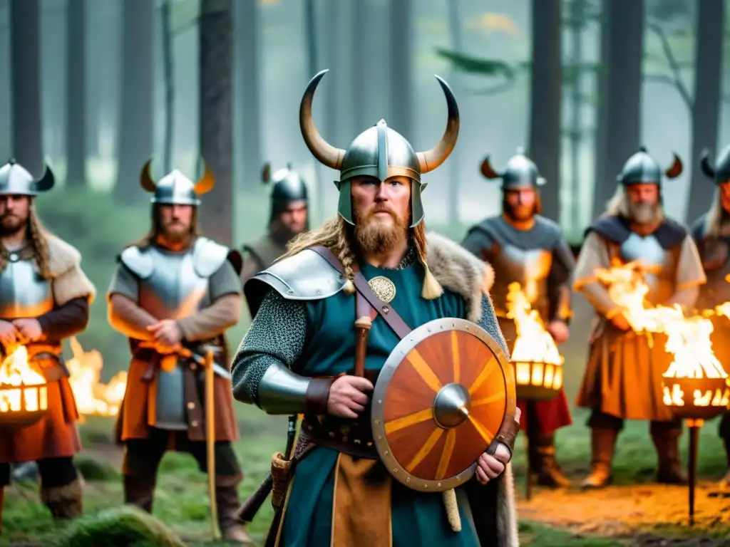 Épica Vikinga en Festivales narradores: Reencarnación histórica de guerreros vikingos y cuentacuentos en un bosque misterioso con antorchas