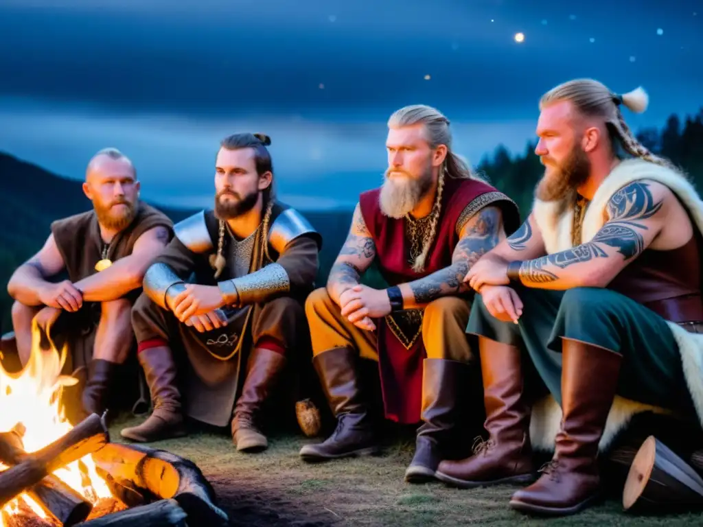 Épica Vikinga en festivales: reenactores escuchan atentos al narrador junto a la hoguera en el bosque estrellado