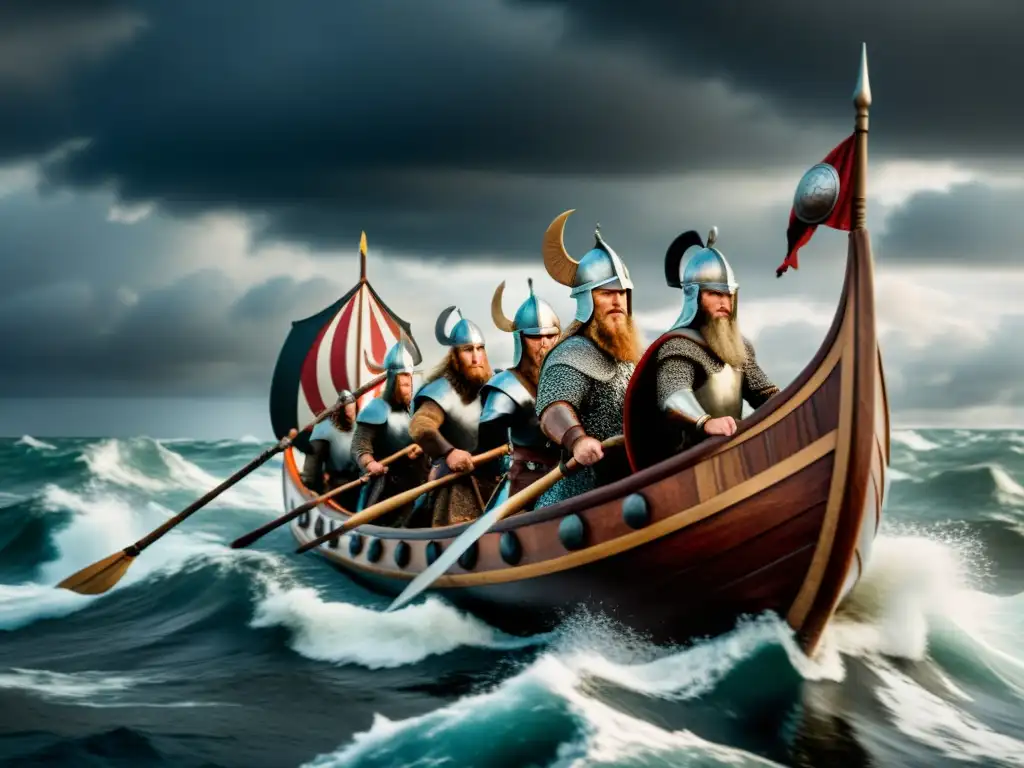 Épica embarcación vikinga surcando mares turbulentos con guerreros y armas, reflejando la estrategia en juego de rol vikingo