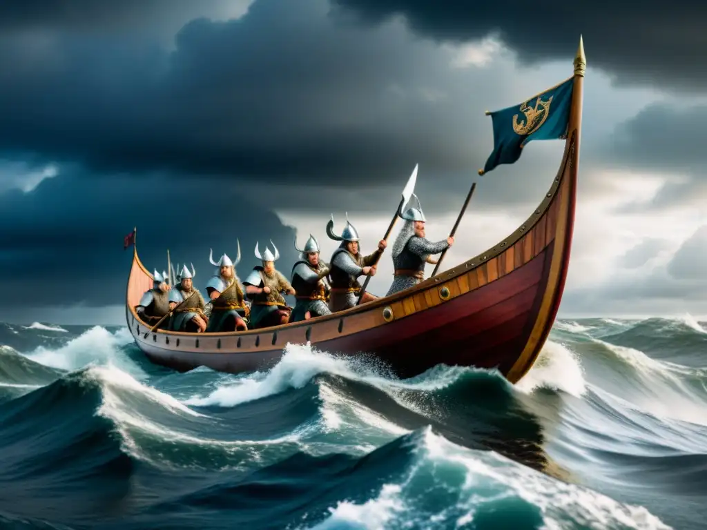 Épica travesía vikinga en tormenta: barco con guerreros, dragones y escudos