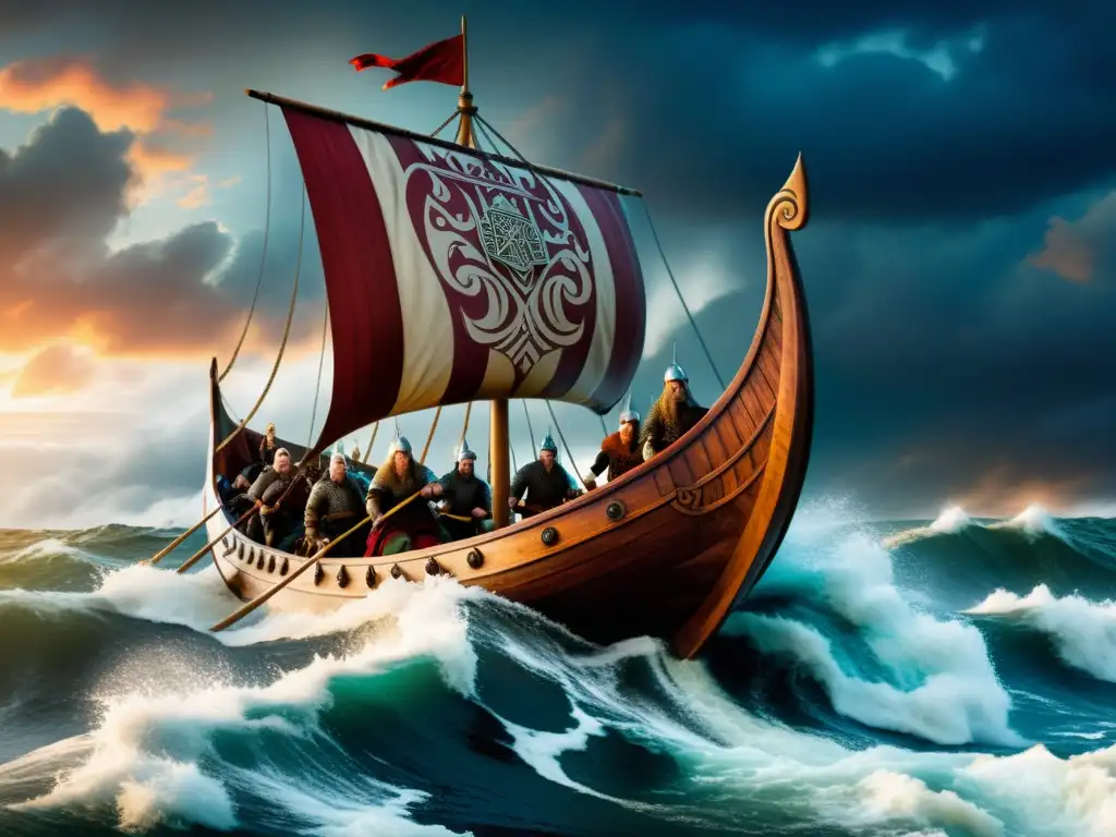 Una épica representación de un drakkar vikingo surcando aguas turbulentas, con guerreros remando