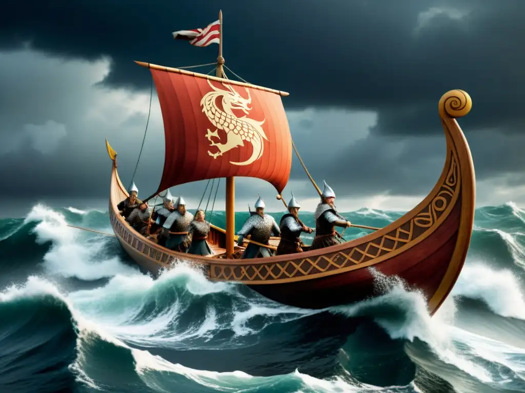 Una épica representación de un drakkar vikingo surcando mares turbulentos, con guerreros remando y figura de dragón en proa