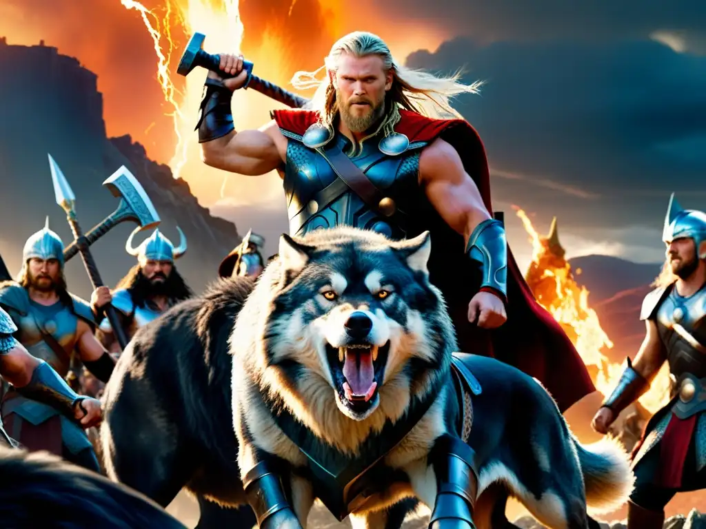 Épica representación visual de la mitología nórdica con Thor, Odin y Fenrir en batalla