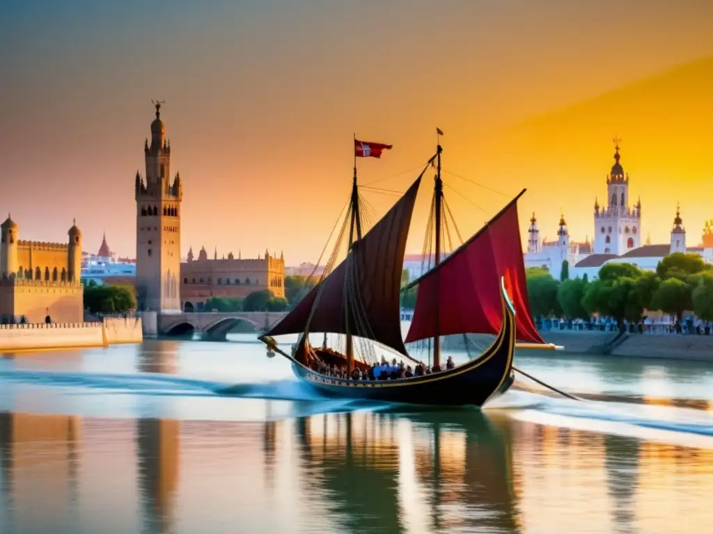 Épicas leyendas vikingas en Sevilla, con un barco vikingo surcando el río Guadalquivir y la Torre Giralda al fondo al atardecer