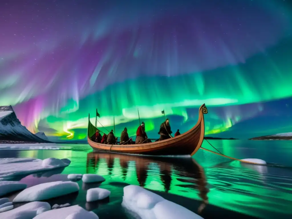 Épicas sagas vikingas: un drakkar navegando bajo auroras boreales en aguas heladas, con guerreros fieros