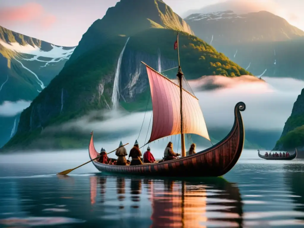 Un épico amanecer vikingo en un fiordo neblinoso, con un barco detallado y remeros intensos, ideal para enseñar sobre vikingos en el aula