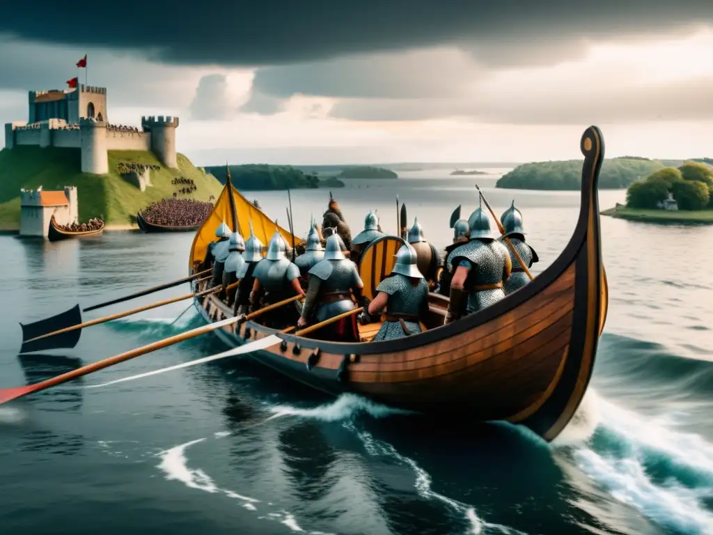 Un épico asedio vikingo a un castillo medieval europeo, con armas de asedio vikingas en Europa