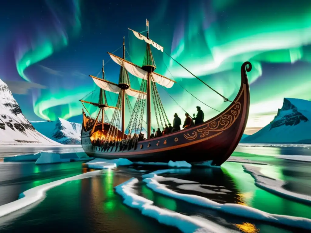 Un épico barco vikingo navega por aguas nórdicas heladas bajo auroras boreales, con Jarls influentes a bordo