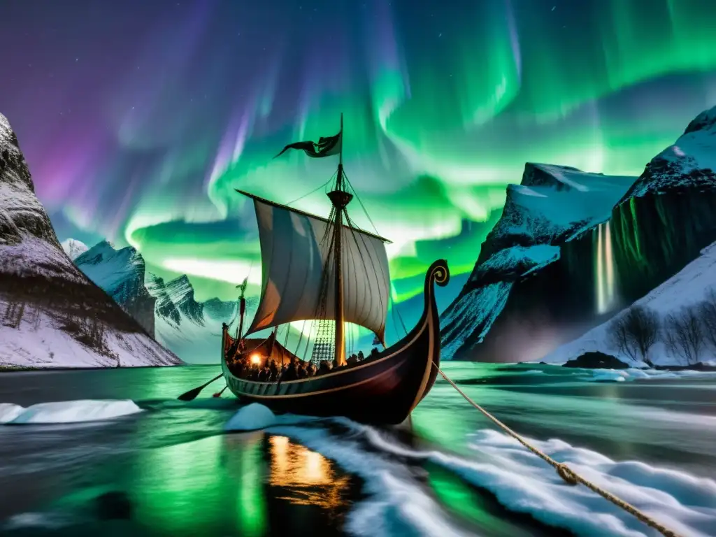 Un épico barco vikingo navega entre las auroras boreales, guerreros en armadura y un bosque místico