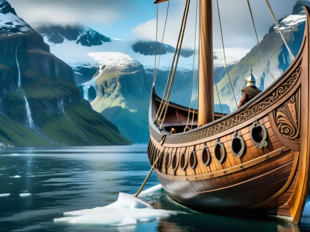 Un épico barco vikingo en un fiordo nórdico, guerreros con capas y cascos, navegando hacia la aventura y conquista