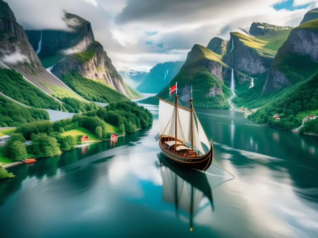 Un épico barco vikingo surca los fiordos noruegos, evocando la mitología y cultura vikinga en un paisaje majestuoso