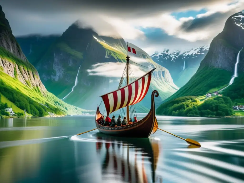 Un épico barco vikingo surca fiordos noruegos en una escena detallada