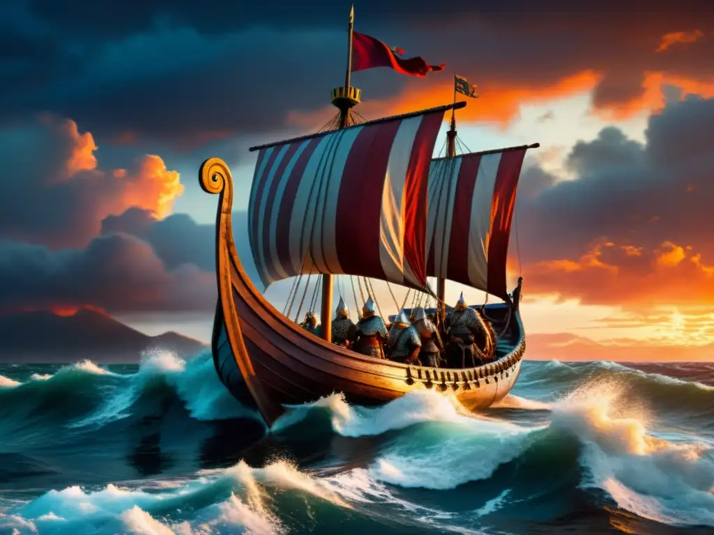 Un épico barco vikingo surca mares tormentosos al atardecer, guerreros en armaduras, fuente inspiración literaria historia vikinga