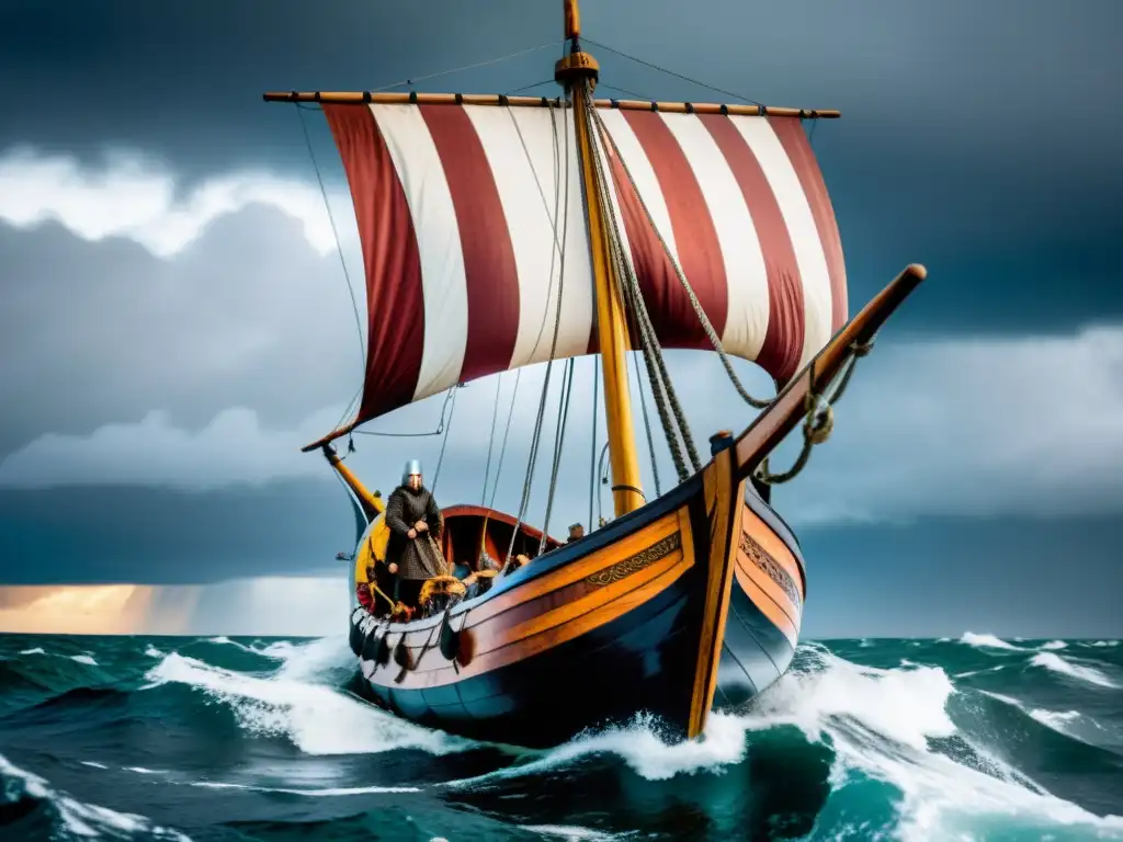 Un épico barco vikingo navegando en mares turbulentos bajo un cielo nórdico tormentoso, destacando la esencia de la exploración vikinga