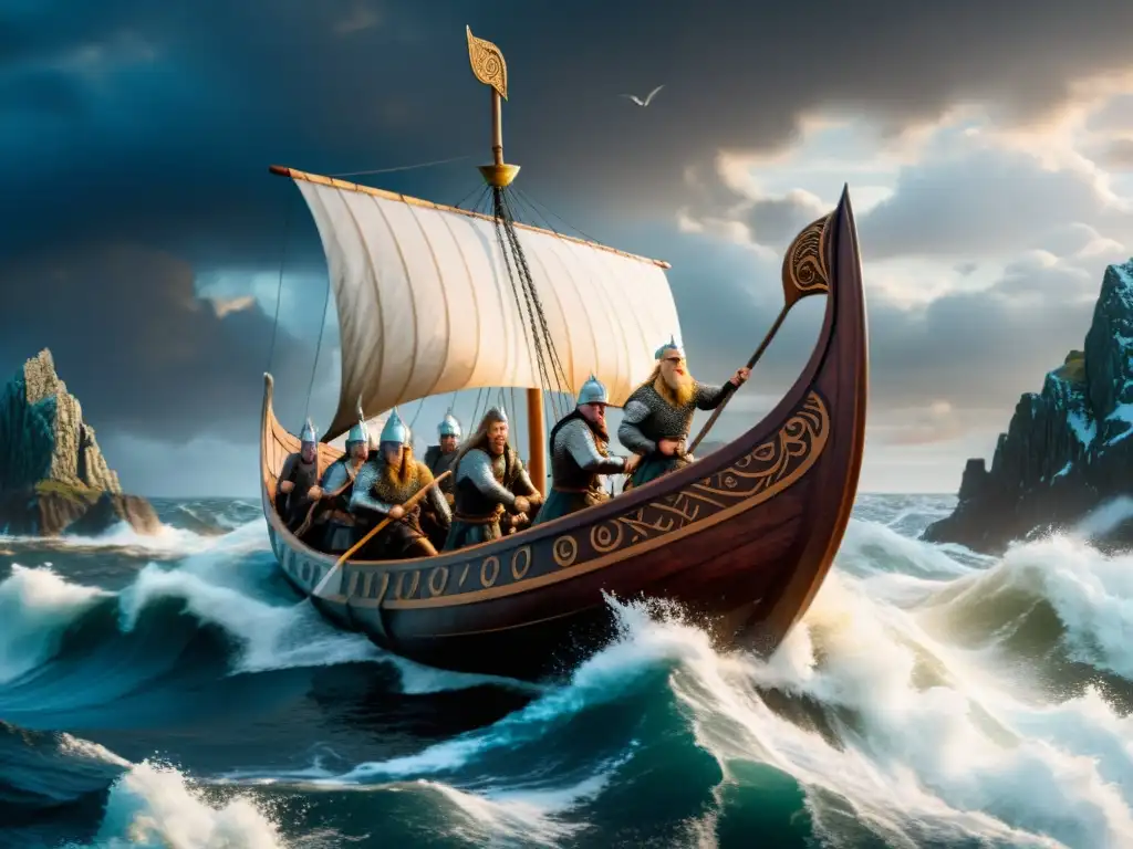 Un épico barco vikingo surca mares turbulentos con guerreros nórdicos en una dramática escena de videojuegos vikingos historia guerreros nórdicos