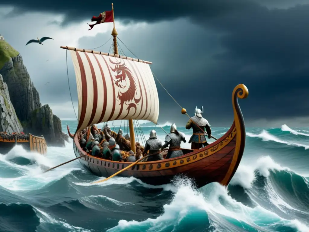 Un épico barco vikingo surcando mares tormentosos con guerreros y dragón en proa, ideal para enseñar sobre vikingos en el aula