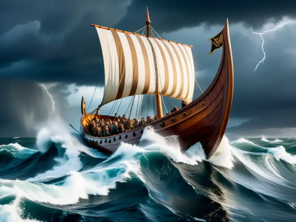 Un épico barco vikingo surca mares tormentosos, con guerreros decididos