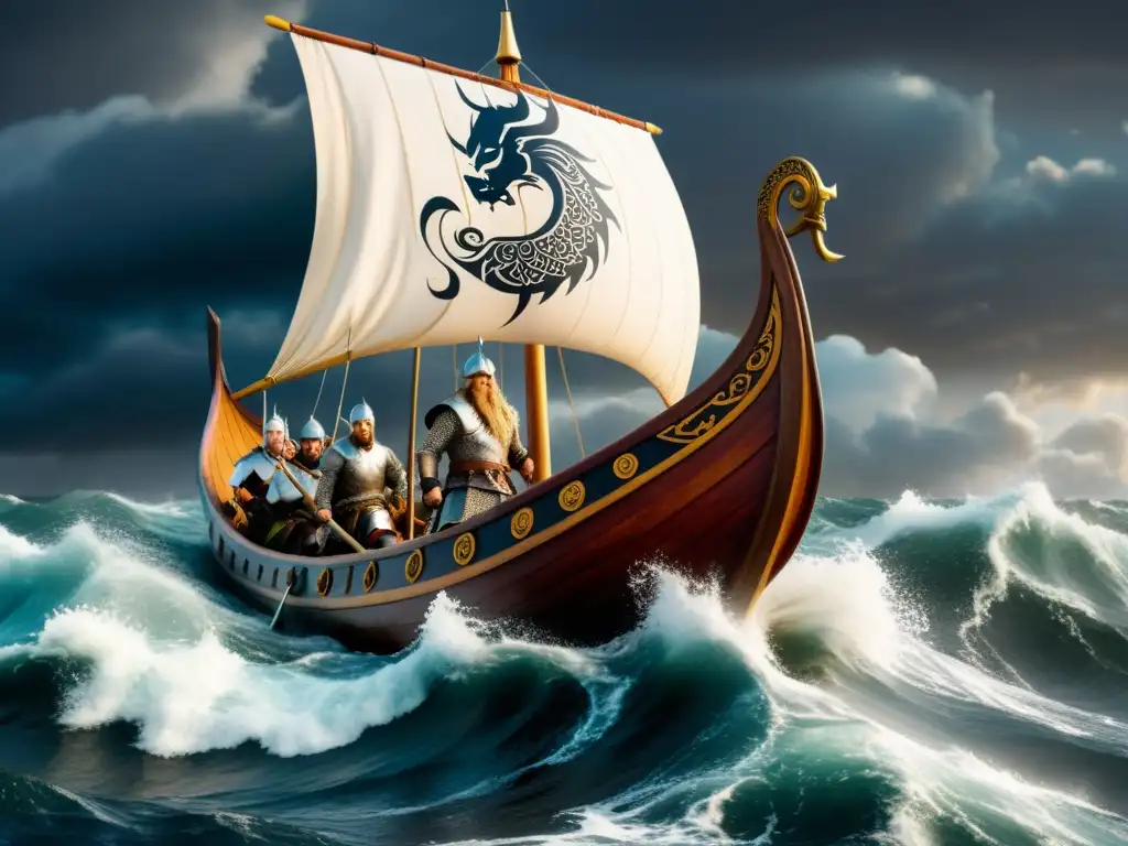 Un épico barco vikingo surca mares turbulentos con guerreros y una figura de dragón, evocando la aventura del 'Curso exprés de antiguo nórdico'