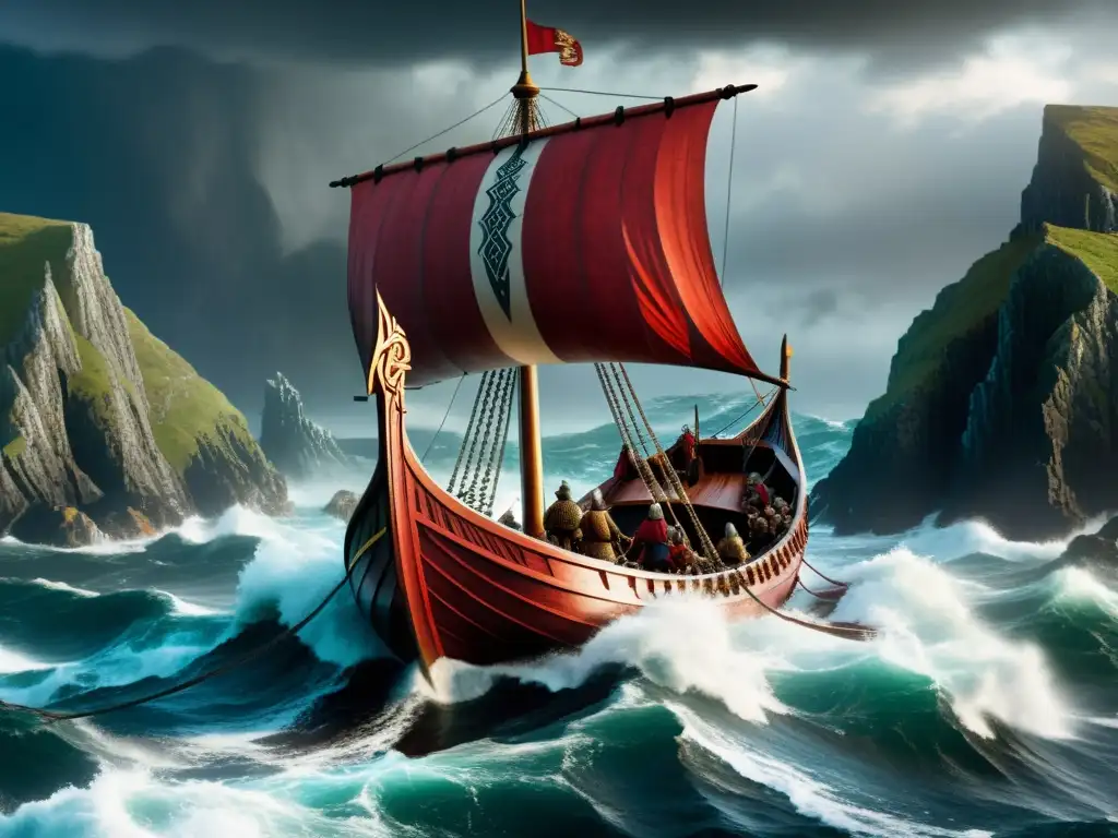 Un épico barco vikingo surca mares tormentosos hacia las escarpadas costas de las Islas Británicas