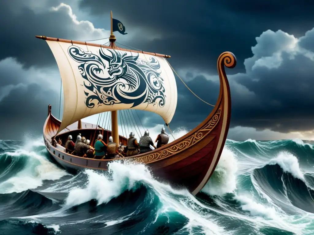 Un épico barco vikingo surca mares tormentosos bajo un cielo dramático