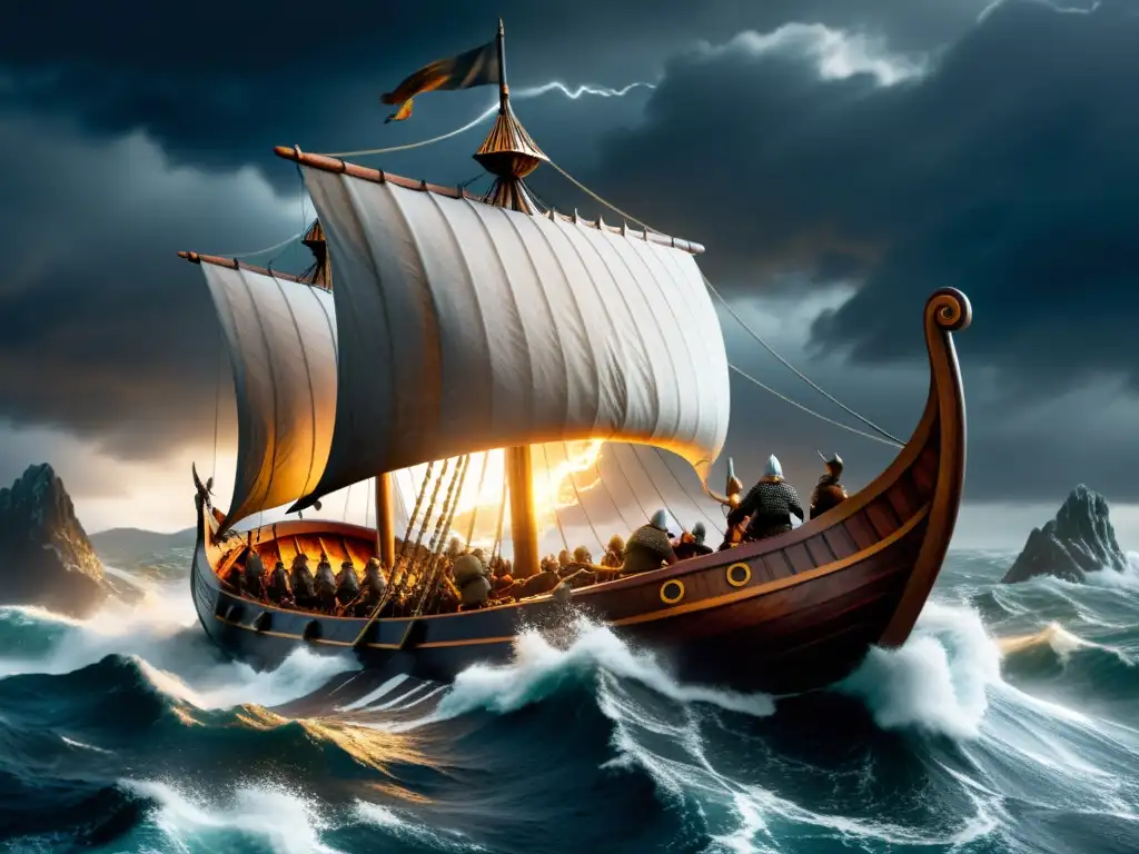 Vikingos valientes: batalla en el mar tormentoso Un épico combate vikingo en alta mar, mostrando recursos y tácticas de supervivencia