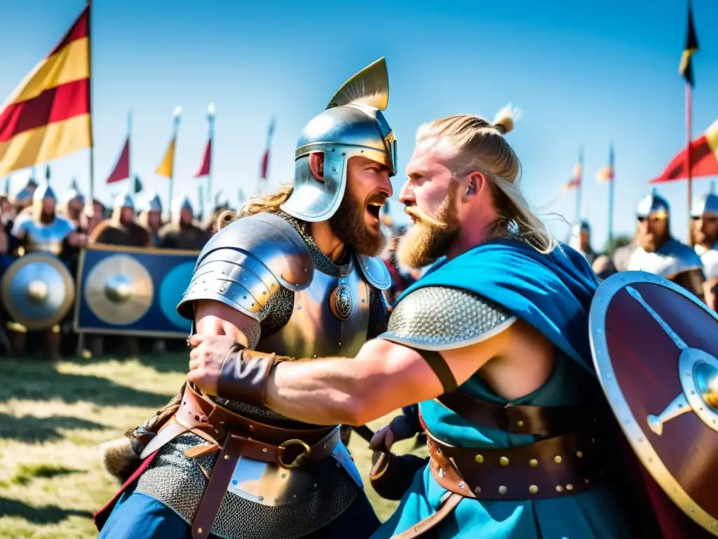 Épico combate vikingo en festival: dos guerreros luchan con intensidad bajo el cielo azul, rodeados de espectadores y banderas coloridas