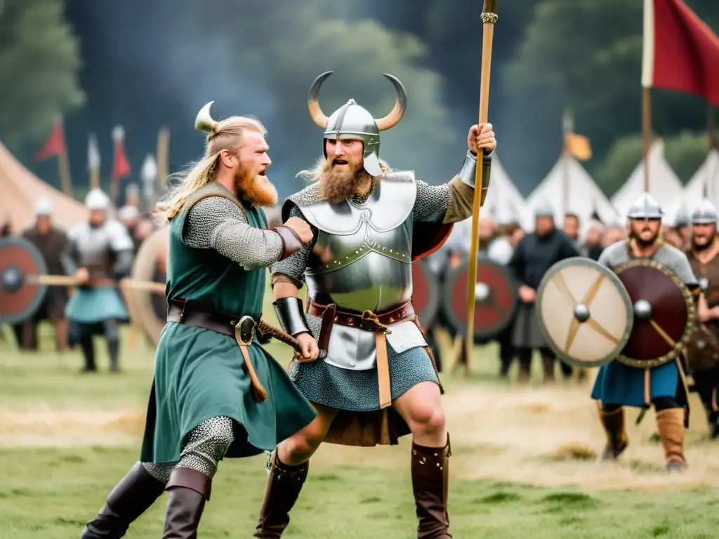 Épico combate vikingo en festival con guerreros y espectadores en campo de batalla