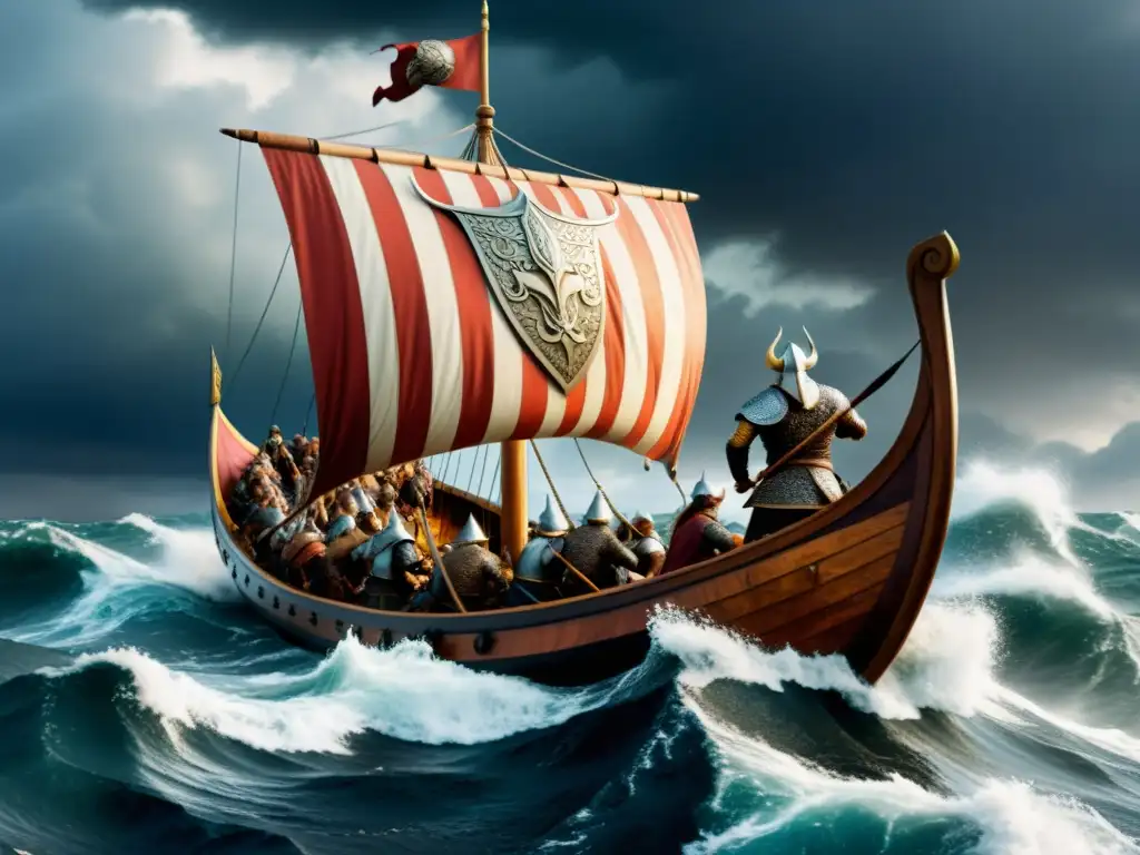 Un épico cuadro con iconografía vikinga: un drakkar surcando mares turbulentos con guerreros feroces a bordo, bajo un cielo tormentoso