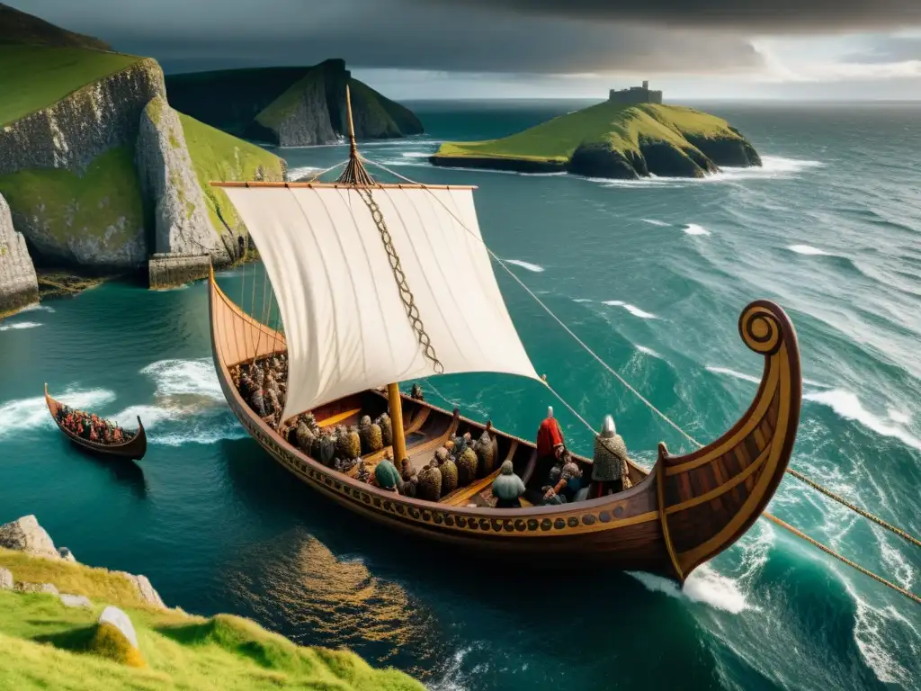 Un épico encuentro entre un drakkar vikingo y aldeanos irlandeses en la costa