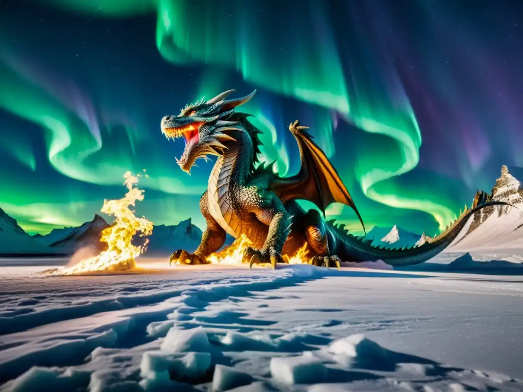 Un épico enfrentamiento entre un dragón de fuego y un gigante de hielo en un paisaje nórdico bajo la Aurora Boreal