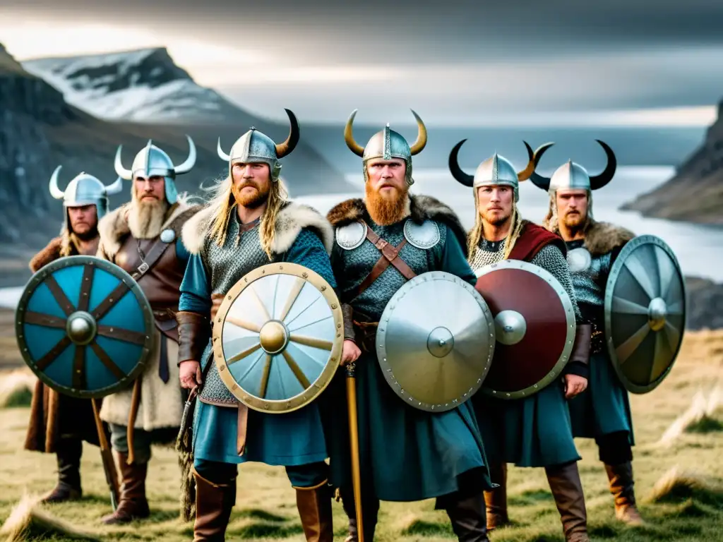 Un épico evento reenactment en el mundo vikingo: guerreros en batalla con expresiones intensas, armas auténticas y paisaje nórdico dramático