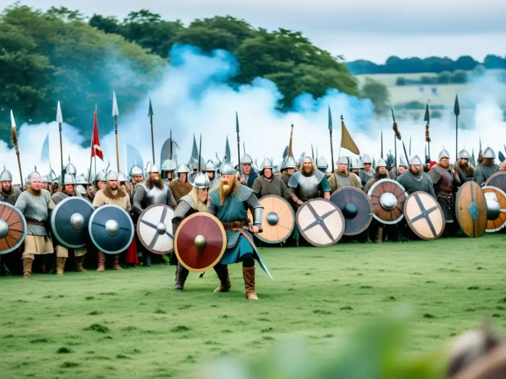 Épico evento de sagas nórdicas dramatizadas eventos vikingos en campo verde bajo cielo azul