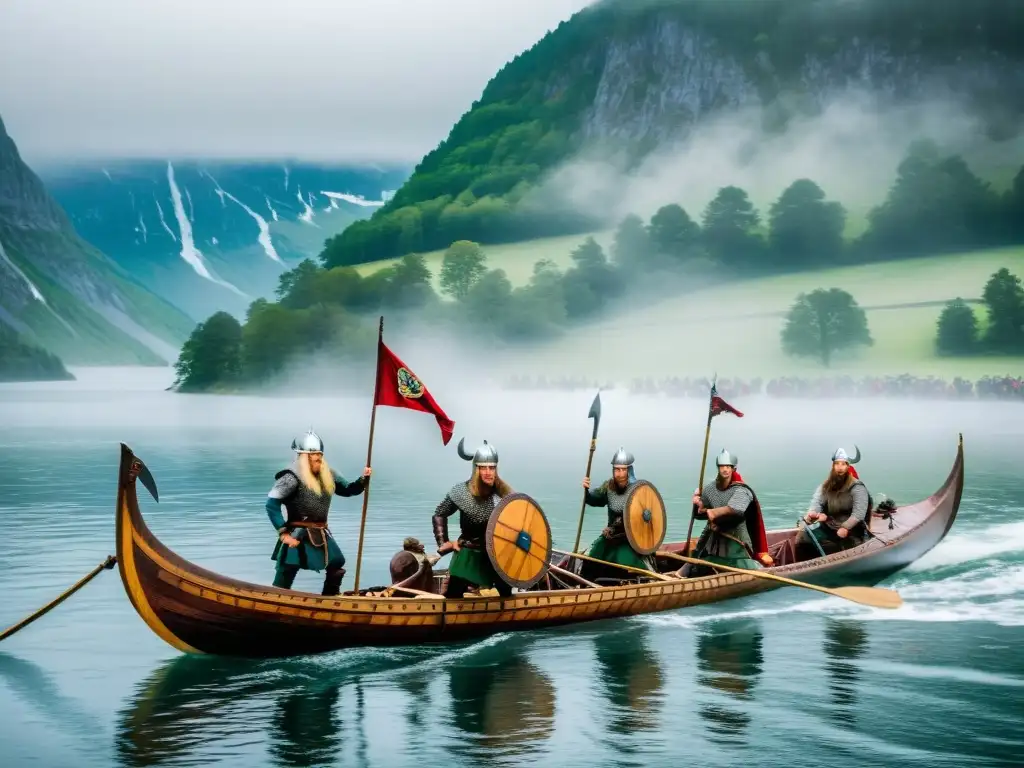 Un épico grupo de recreadores vikingos en una carrera de barcos, rodeados de niebla en un fiordo nórdico