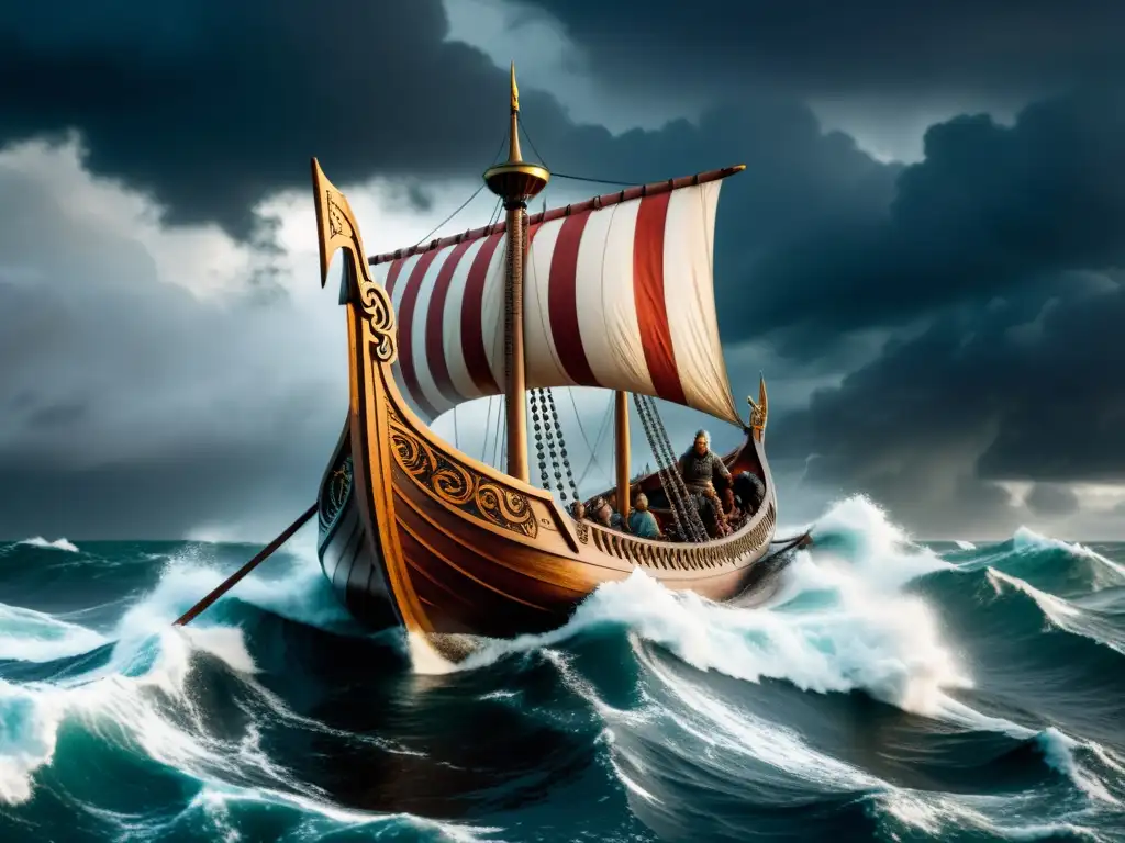 Un épico juego de mesa vikingo: un barco vikingo detallado surcando mares tormentosos con guerreros y velas ondeando, bajo relámpagos y nubes oscuras