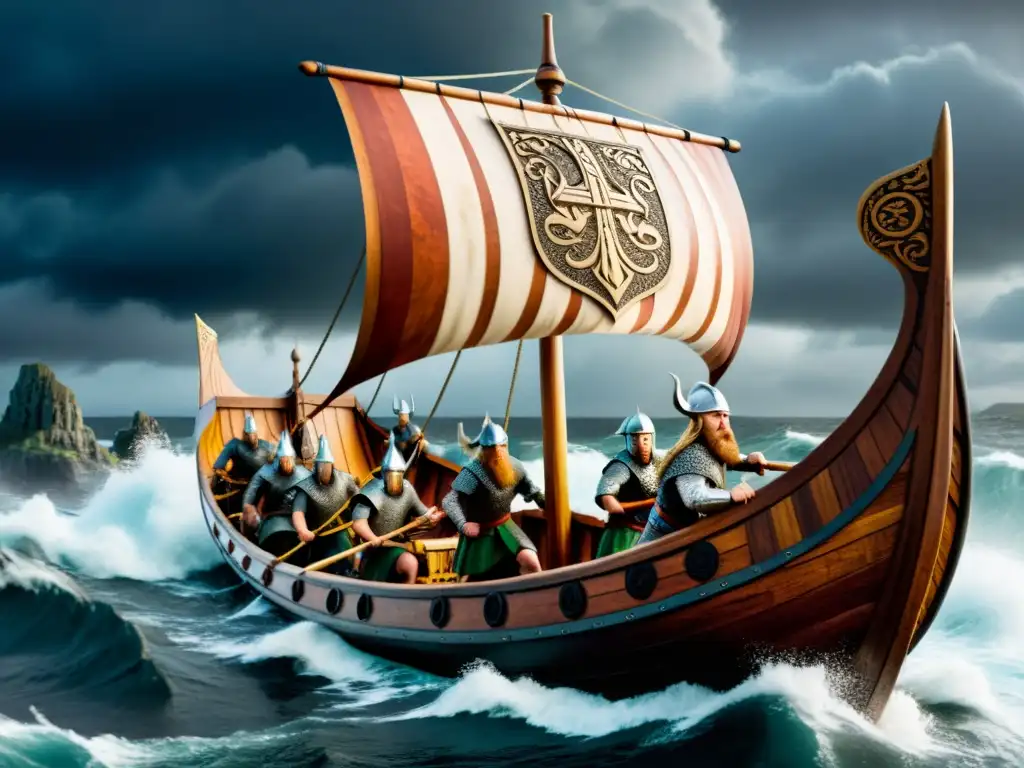 Un épico juego de preguntas vikingas: un drakkar vikingo surca aguas turbulentas con guerreros y escudos en alto, acercándose a una costa rocosa