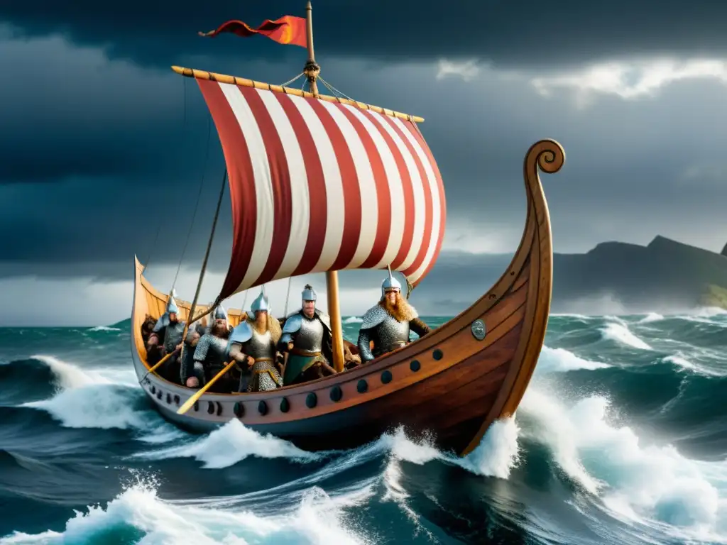 Un épico navío vikingo en aguas turbulentas, guerreros intrépidos y paisaje escandinavo