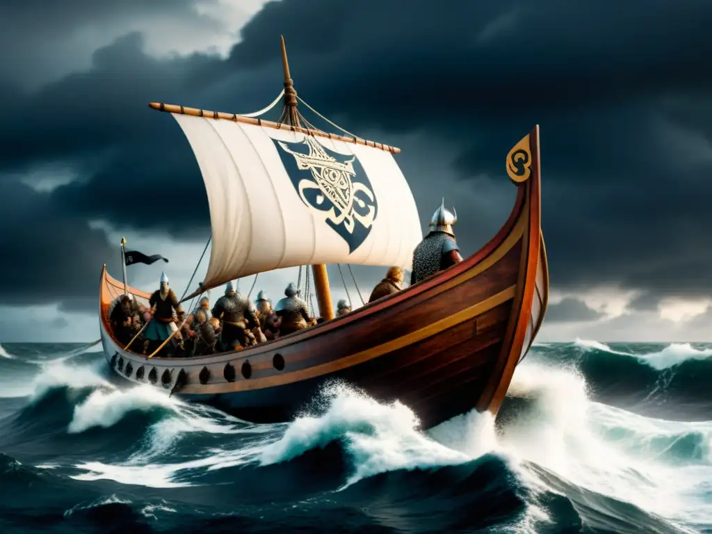 Un épico navío vikingo surca mares tormentosos, guerreros con escudos nórdicos, fuente inspiración literaria de historia vikinga