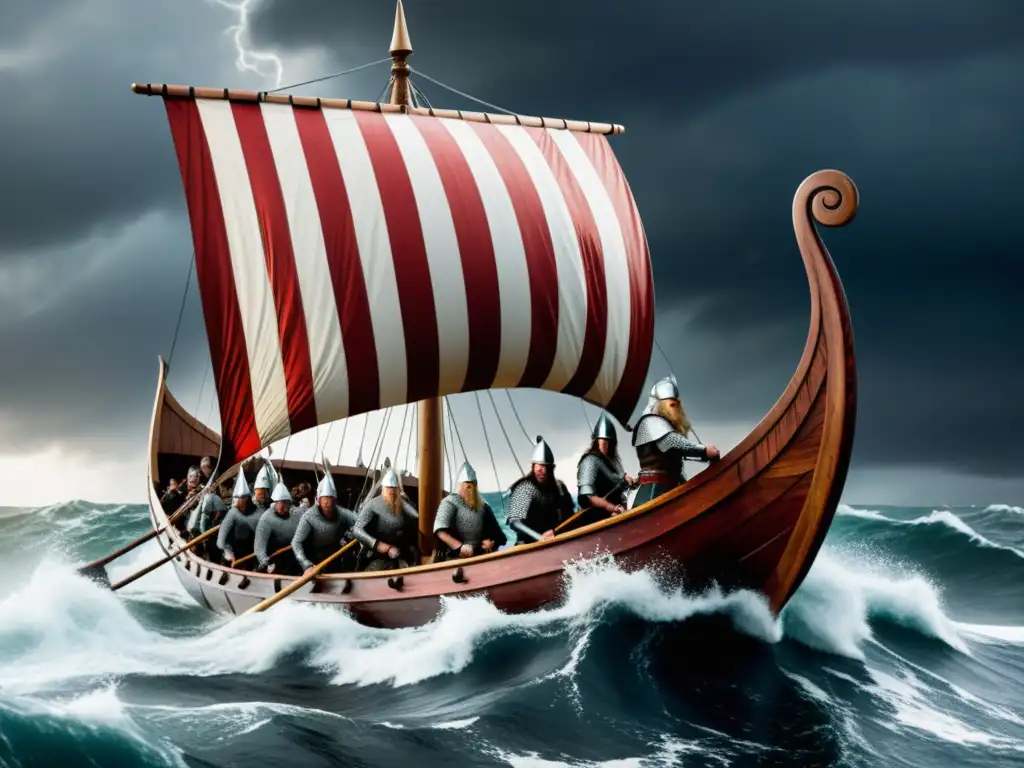 Un épico navío vikingo navega en mares tormentosos con guerreros a bordo, desmitificando la historia vikinga actual